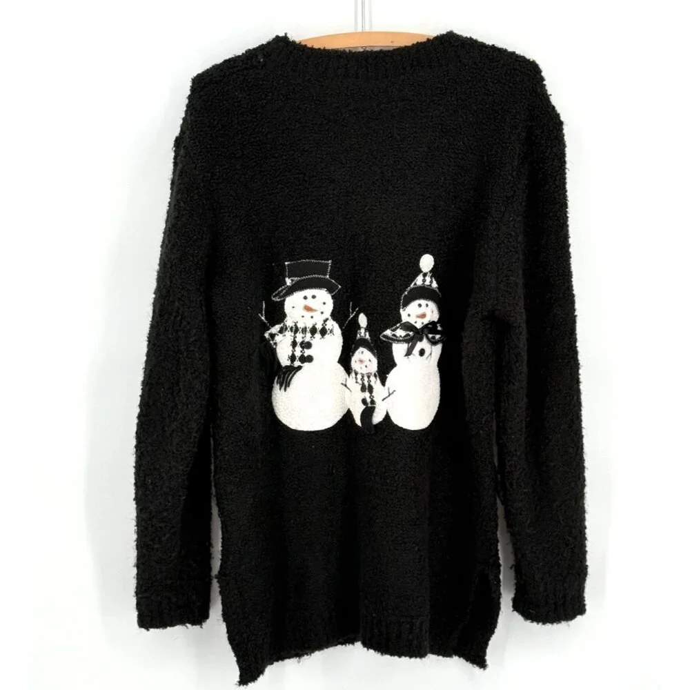 Vintage Black Snowman Cardigan Sweater Button-Up Large 40% Cotton‎ 60% Polyester
